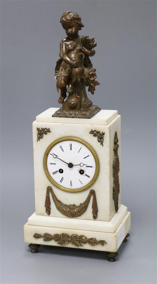 A white marble gilt mounted mantel clock with putti surmount height 39cm